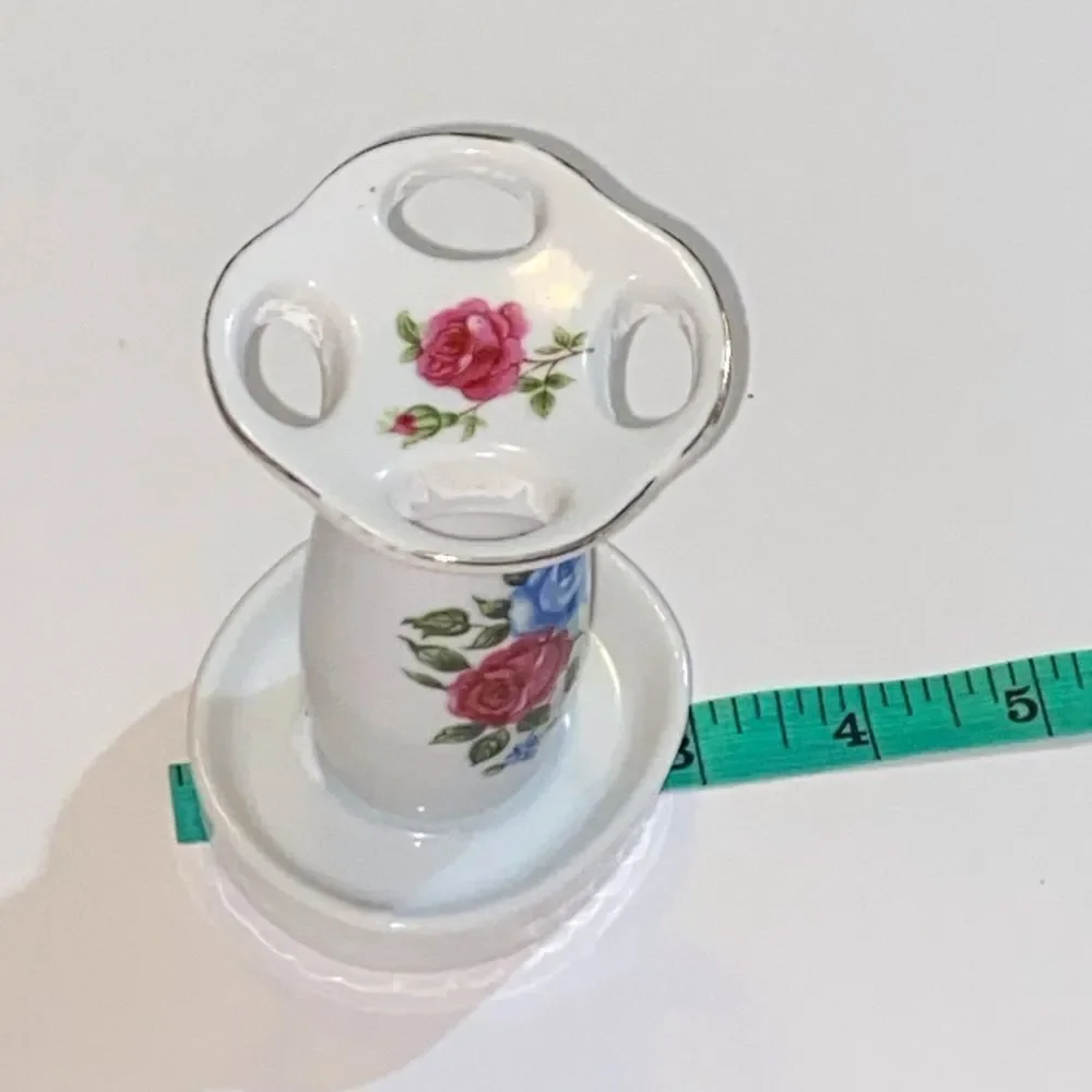 Vintage Porcelain Floral Toothbrush Holder - White with Red and Blue Accents